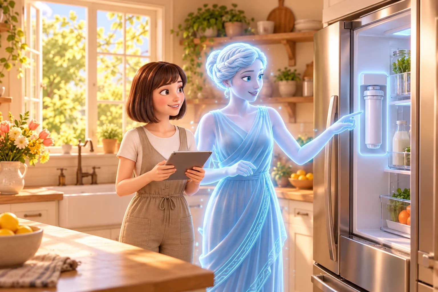 The homeowner and blue Hestii sprite check a refrigerator together in a sunny kitchen with fresh flowers, using a tablet to keep its details close at hand.