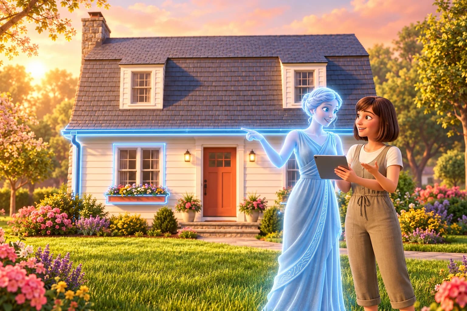 A homeowner and Hestii, a blue sprite in a Greek-inspired toga, review a tablet together in a flowering spring garden. Blue light highlights the cottage’s roof, window, and planter.